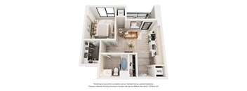 A 3D floor plan of a small apartment with a kitchen, living room, and bathroom.