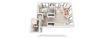 A 3D floor plan of a house with a kitchen, living room, and bathroom.