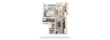 A floor plan of a two-bedroom apartment with a kitchen, living room, and bathroom.