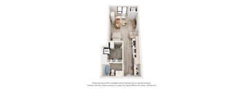 A 3D floor plan of a small apartment with a kitchen, living room, and bathroom.