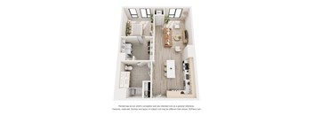 A 3D floor plan of a small apartment with a kitchen, living room, and bathroom.