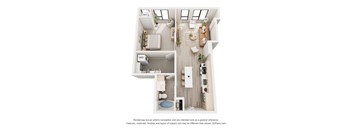 A 3D floor plan of a small apartment with a kitchen, living room, and bathroom.
