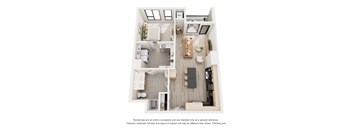 A 3D floor plan of a small apartment with a kitchen, living room, and bathroom.
