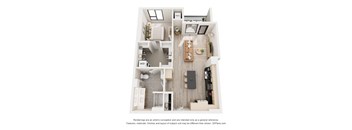 A 3D floor plan of a house with a kitchen, living room, and bathroom.