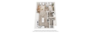 A floor plan of a house with a kitchen, living room, dining room, and two bedrooms.