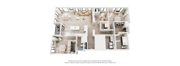 A 3D floor plan of a house with multiple rooms and furniture.