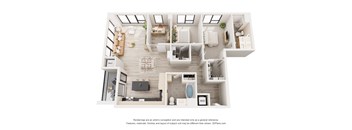 A 3D floor plan of a house with a kitchen, living room, and bathroom.