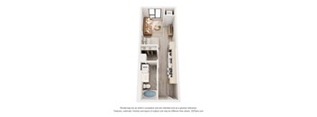 A 3D floor plan of a small apartment with a kitchen, living room, and bathroom.