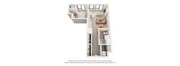 A 3D floor plan of a house with a kitchen, living room, and bathroom.