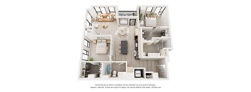 A 3D floor plan of a house with a living room, kitchen, dining room, and bathrooms.