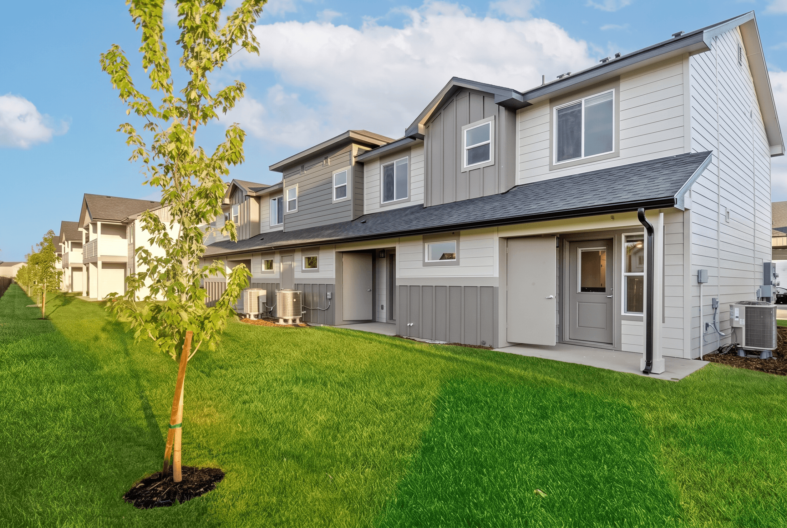 A tree is planted in front of a grey house.