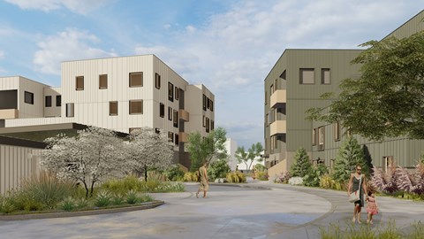 A modern building complex with a courtyard and people walking.