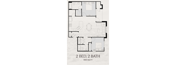 A floor plan of a 2 bedroom, 2 bathroom apartment sized 958 square feet.