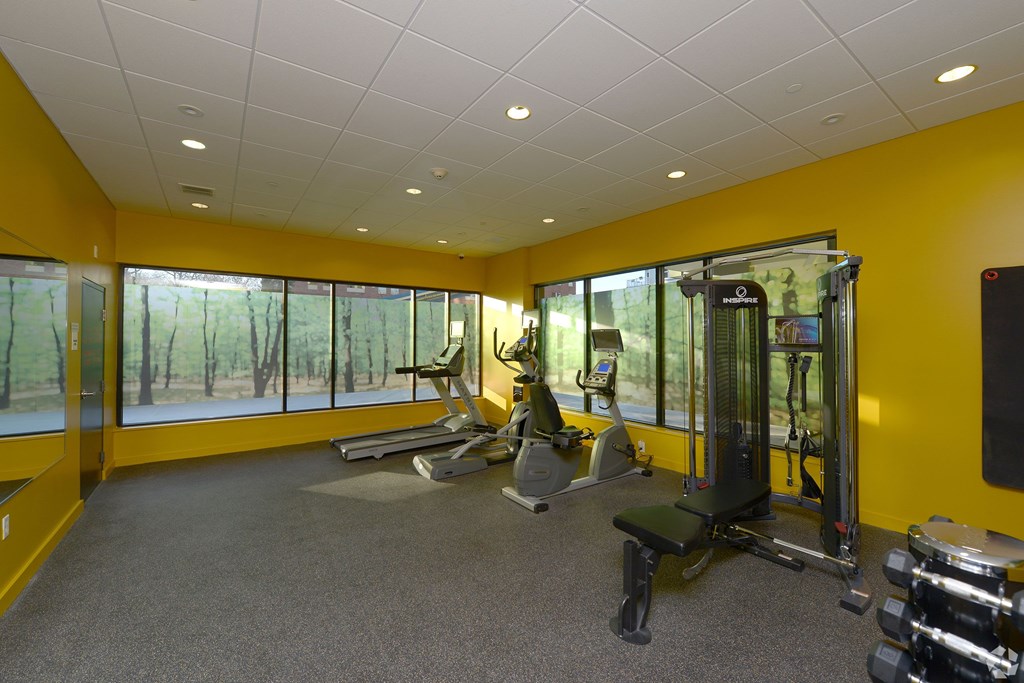 A gym with a variety of equipment including a treadmill, weights, and a bench. at 603 Concord Apartments, Cambridge