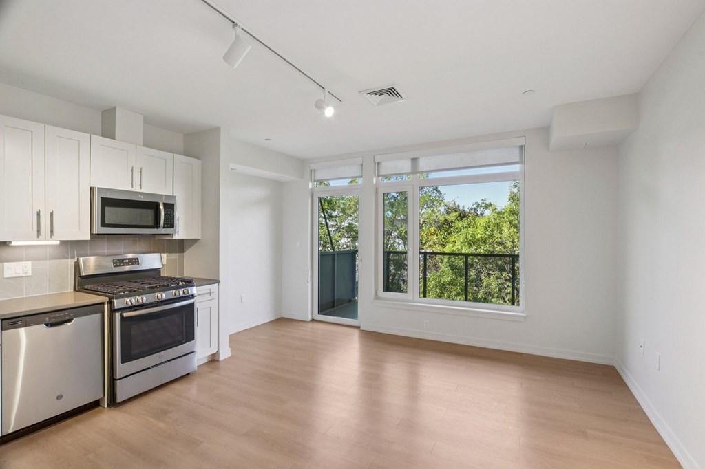 Kitchen with attached patio at Park77 Apartments, Cambridge, Massachusetts