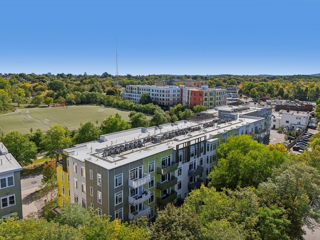 Aerial external view of the property and soccer field at Park77 Apartments, Cambridge, MA, 02138
