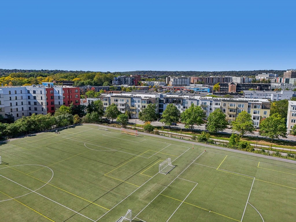 Aerial view of the soccer field at Park77 Apartments, Cambridge, 02138