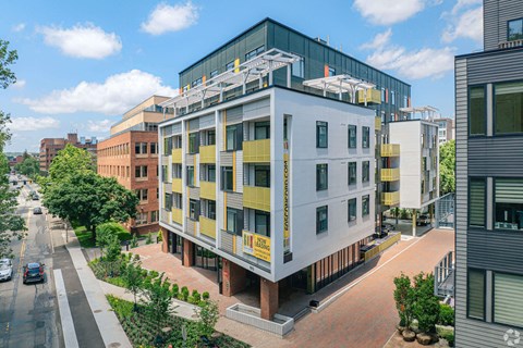 Exterior shot of modern building at 605 Concord at Fresh Pond, Massachusetts, 02138