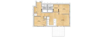A floor plan of a house with three bedrooms, a living room, and a kitchen.