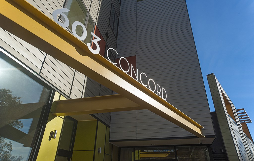 Sign on Building Exterior at 603 Concord Apartments, Cambridge, MA, 02138