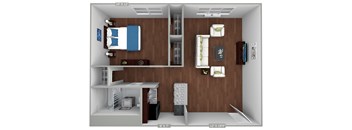 A 3D floor plan of a bedroom with a bed, desk, and closet.