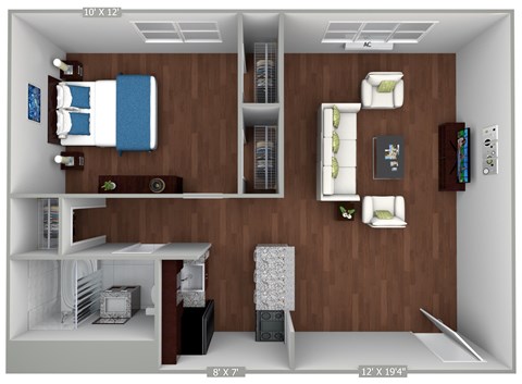 A 3D floor plan of a bedroom with a bed, desk, and closet.