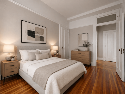 A bedroom with a large bed, two nightstands, and a painting on the wall.