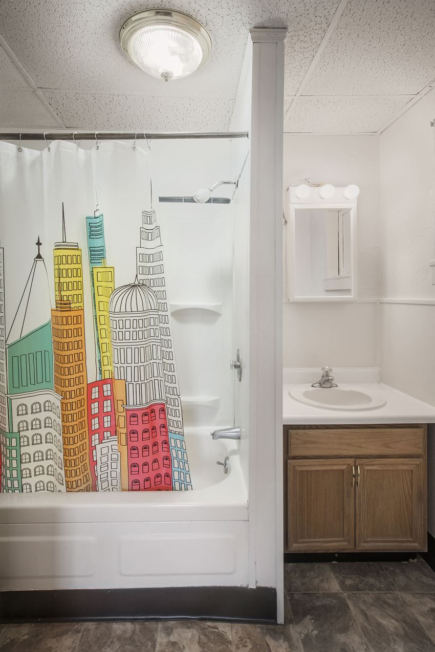 a bathroom with a shower curtain that has a city skyline on it