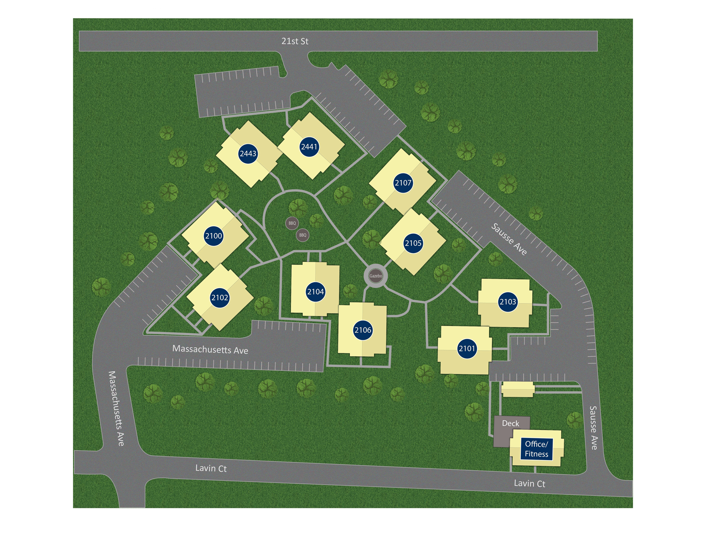 a site map of a campus with buildings and trees