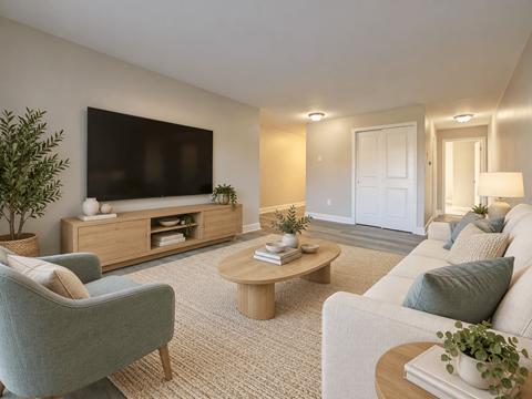 A living room with a grey armchair, a white sofa, a wooden coffee table, and a television.