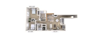 A 3D floor plan of a house showing the layout of the rooms.