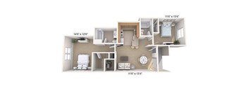 A 3D floor plan of a small apartment with a kitchen, living room, and bedroom.