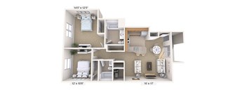 A 3D floor plan of a house showing the layout of the rooms.