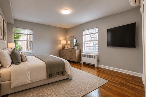 A bedroom with a large bed, a dresser, and a flat-screen TV mounted on the wall.