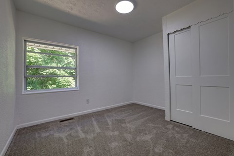 A room with a window and a carpeted floor.
