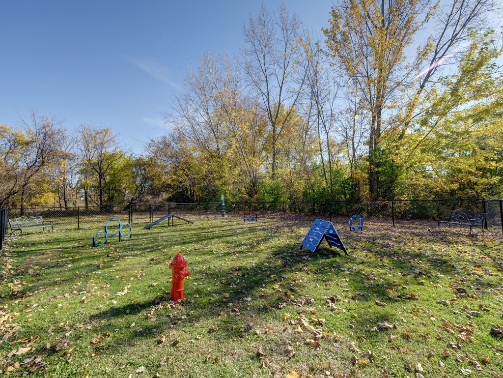 A playground with a red fire hydrant and a blue slide.