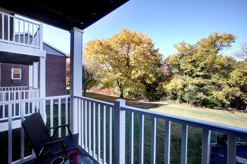 A chair is on a porch with a view of trees.