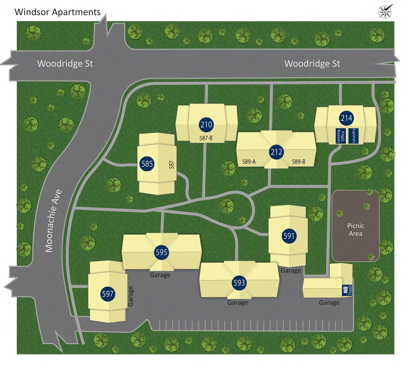 a site map of a campus with buildings and a road