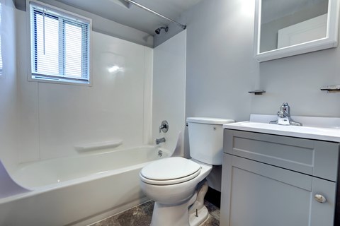 A white toilet sits next to a bathtub in a bathroom.