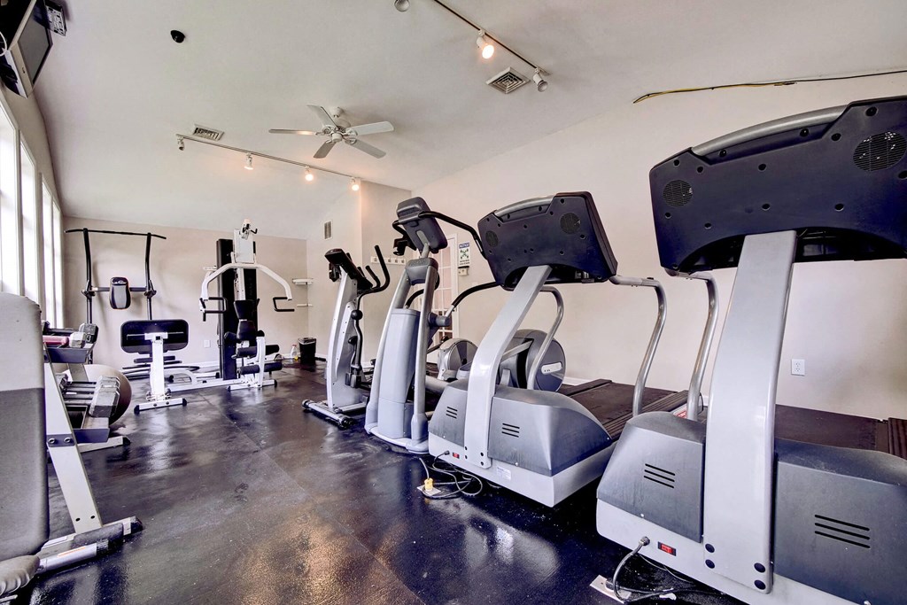 a row of exercise bikes in a gym