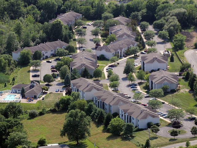 an aerial view of a neighborhood of houses