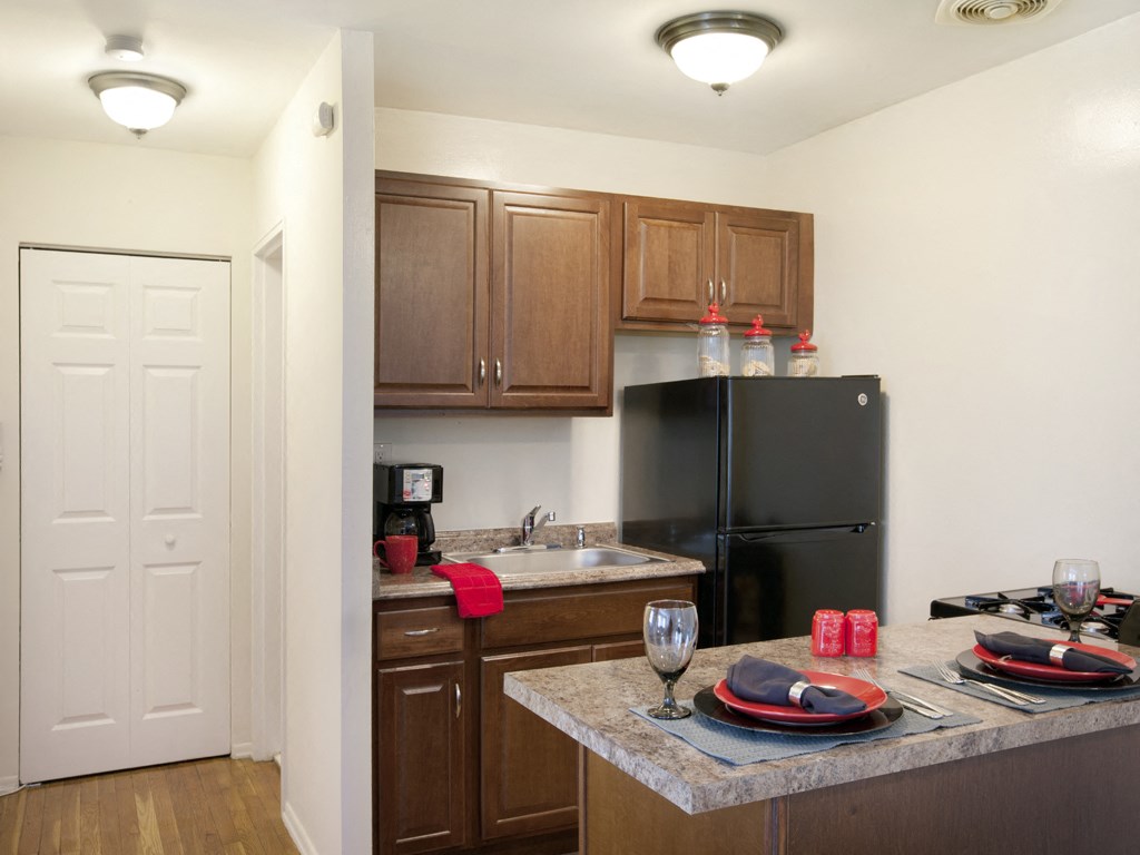 a kitchen with a granite counter top and a black refrigerator