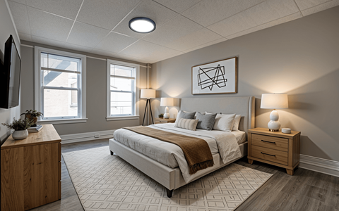 A bedroom with a large bed, a wooden nightstand, and a window.
