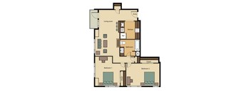 A floor plan of a house with two bedrooms, a living room, a kitchen, a bathroom, a closet, and an entry point.