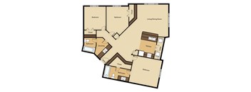 A floor plan of a house with two bedrooms, a living/dining room, a kitchen, a bathroom, a closet, and a utility area.