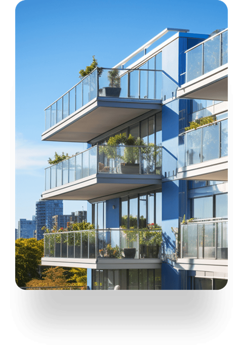 A modern multi-story building with balconies and plants.