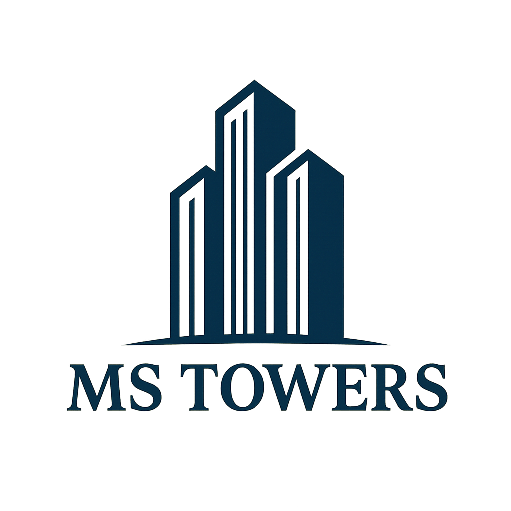 A logo with the text "MS TOWERS" and a graphic of three buildings.