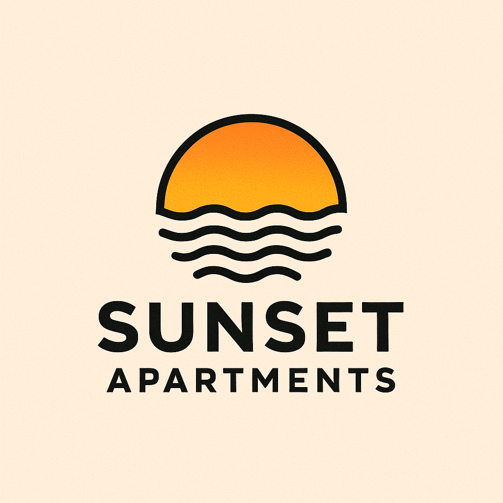 A logo for Sunset Apartments featuring a sunset over water.