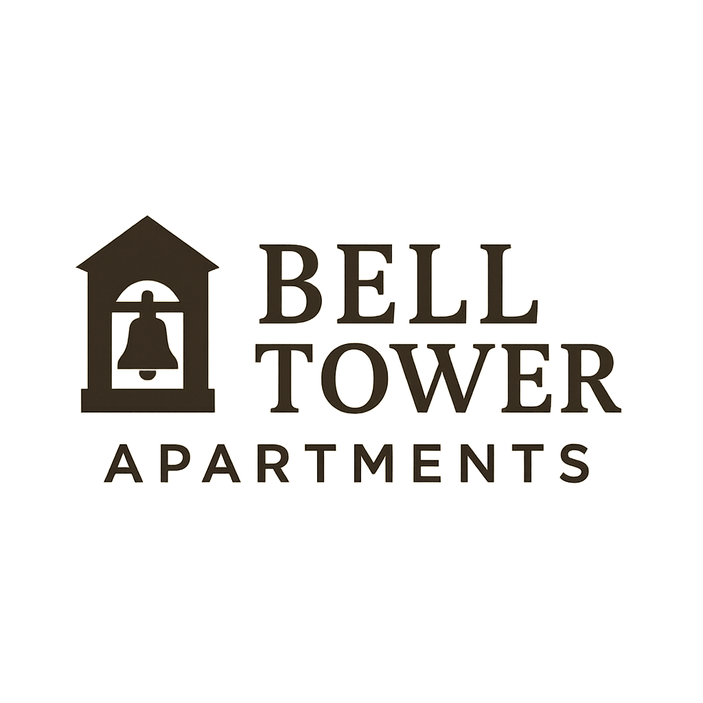 The image shows a logo for Bell Tower Apartments with a bell icon.