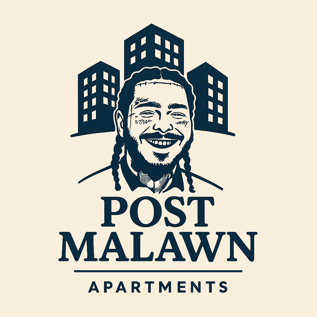 A logo for Post Malawan Apartments features a man with dreadlocks and buildings in the background.